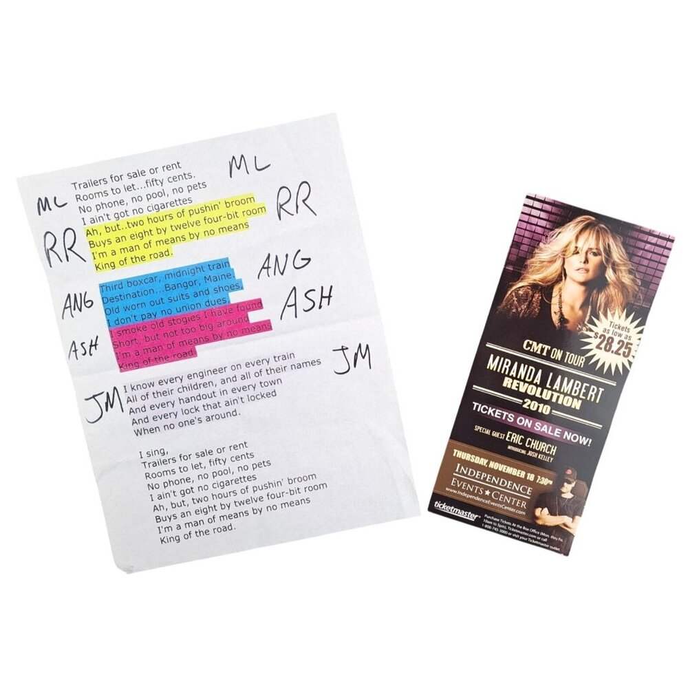 Miranda Lambert Concert Stage Used Lyrics Sheet King of the Road and 2010 Flyer